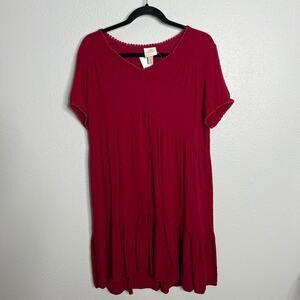 Knox Rose Red Textured A-Line Dress V-Neck Tiered Pullover Short Sleeve Sz M